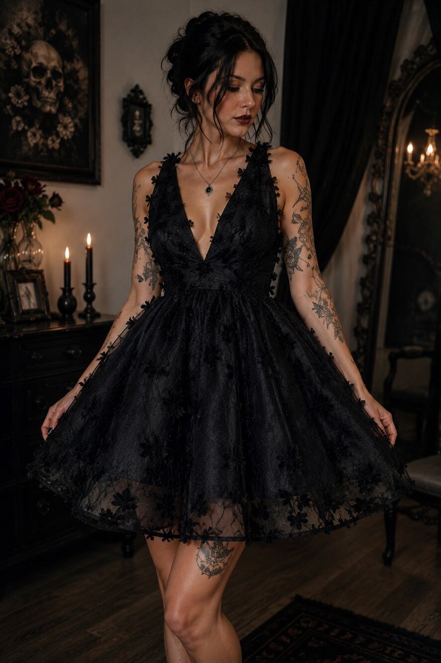 New Mable Mini Dress Medium Black Floral Applique Tulle Deep V Open Back Gothic